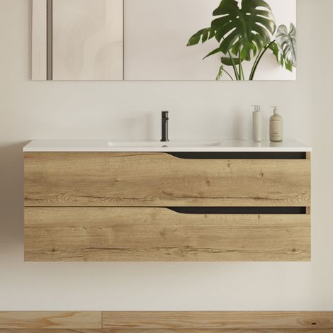 Meuble sous vasque seul, 2 tiroirs, 120cm, pour simple vasque - madera miel (chêne clair) - LUNA