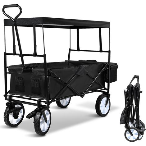 Randaco Chariot pliable, Chariot de jardin pliable avec auvent amovible, tissu Oxford, chariot pliable portable pour plage, jardin, transport charge 80 kg