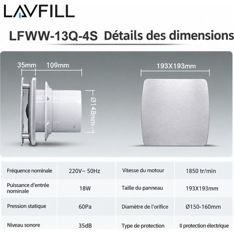Extracteur d'air 6 pouces avec panneau aluminium argenté LFWW-13Q-4S lfww-13q-4s 6 argent 21 × 16 × 21 cm 1,2 kg – Livraison gratuite
