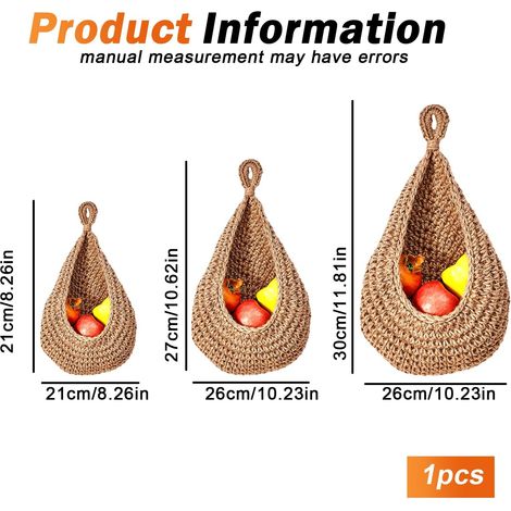 Set di 3 cestini da parete in corda di cotone intrecciata – Cestini per frutta e oggetti vari con 3 ganci + 3 adesivi (1/4)