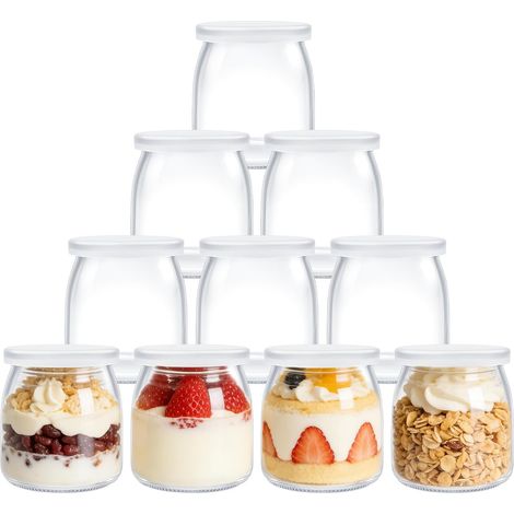 Lot de 10 Pots en Verre 200ml - Bocaux Hermétiques pour Yaourt et Avoine - Couvercle Étanche - Pour Cuisine et Conservation (1/5)