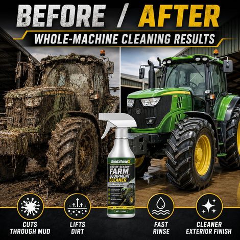 Das KineShineX Reinigungsspray für Landmaschinen am Ende der Saison entfernt Schlamm und Schmutz von der gesamten Maschine und ist für Traktoren geeignet. (1/4)