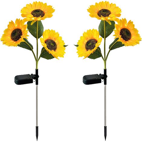 Juego de 2 luces solares con forma de girasol, con control de luz inteligente, resistentes al agua, para plantar en el jardín (3 girasoles). (1/5)