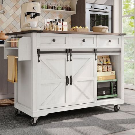 Îlot de cuisine 140x50x90, plateau extensible, 3 tiroirs, placards coulissants, roulettes pivotantes (1/5)