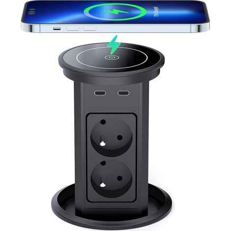 Bloc Prise Encastrable Automatique,Multiprise Escamotable avec 4 Prises, 2 USB C(PD 20W), 2 USB A(18W), Chargeur sans Fil 10W, Câble de 2M, Ø 100MM, pour Bureau, Cuisine