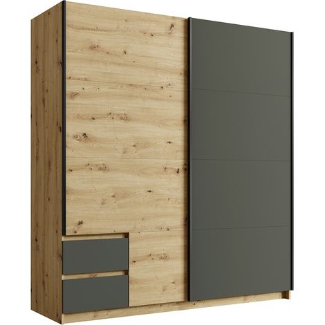 Armario de 180cm con 2 puertas correderas y 2 cajones en color roble y gris antracita. Colección ARIELLE.