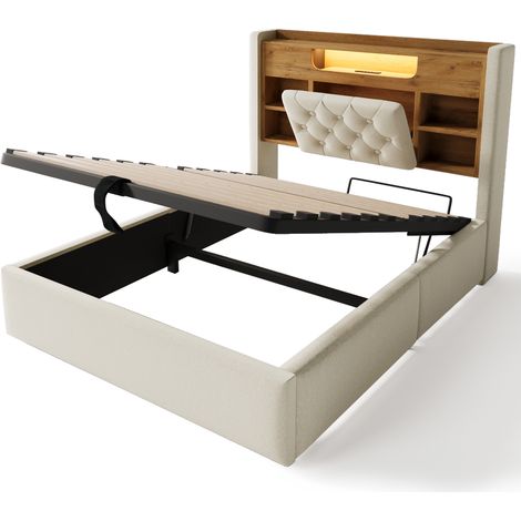 Cama con canapé 90x200 cm lino beige con LED, USB-C y cabecero con almacenaje - HOMVRA (1/5)
