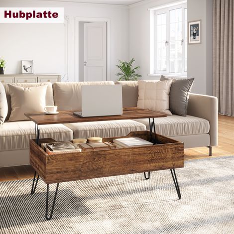 WOLTU Couchtisch Ausziehbarer Kaffeetisch Wohnzimmertisch mit verstecktem Stauraum, höhenverstellbar, Metallbeinen, für Wohnzimmer Büro, 95x50x(40-55.5)cm, Vintage-Holzoptik Schwarz