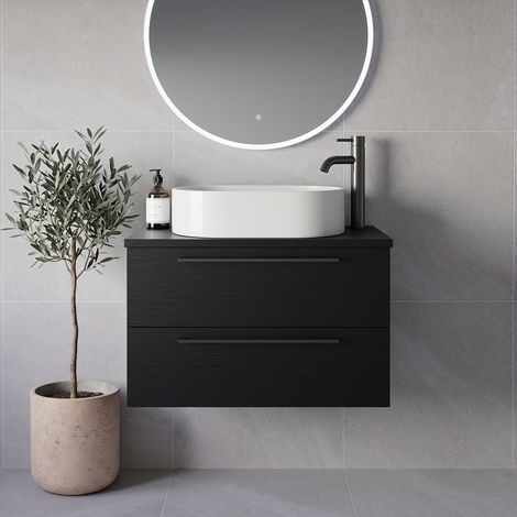 Napoli 390 Nero Oak 800mm Wall Mounted 2 Drawer Vanity Unit for Countertop Basins - 800mm - Gunmetal Grey 480mm Handle