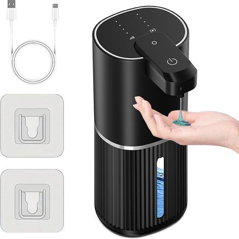 Automatic soap dispenser, USB rechargeable, 4 settings, for kitchen, bathroom and school (liquid, black) (1/5)