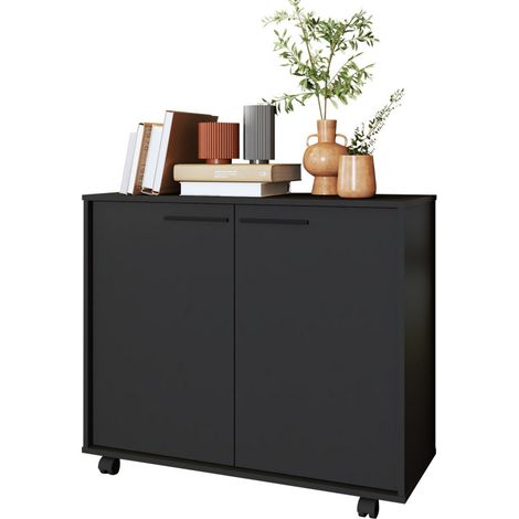 Meuble de Rangement 2 Portes 4 Niches Noir sur Roulettes L 90 H 76.5 P 35.5 cm (1/5)