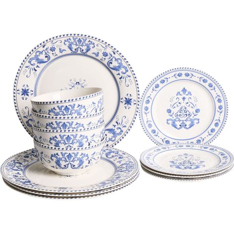 Set of 12 Dinnerware White Blue Abstract Pattern Porcelain Bowls Plates Glaze Finish Kitchen Dining Room GALANGAL