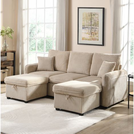 Canapé d'angle U convertible 3 places avec coffre, 2 poufs de rangement, beige HAVRYA (1/5)