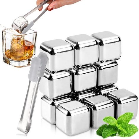 Set mit 12 wiederverwendbaren Eiswürfeln aus Edelstahl 304, inklusive Eiszange und Verpackung. zum Einfrieren von Eis für Wein, Wodka, Whisky, Bi