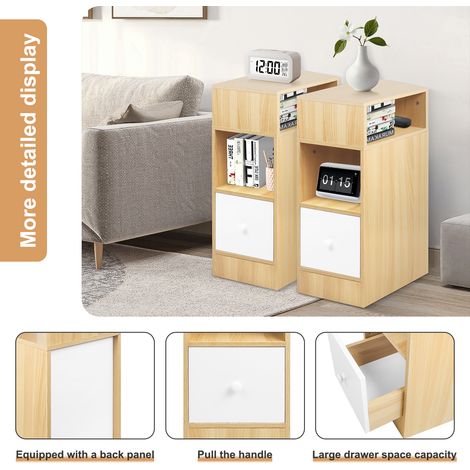 Tables de Chevet Étroite, Lot de 2, Tables d’Appoint avec 1 Tiroirs et Compartiment Ouvert, Table d’Appoint, Bout de Canapé, Meuble de Rangement Économie d'Espace, pour Chambre, Salon - Naturel (1/5)