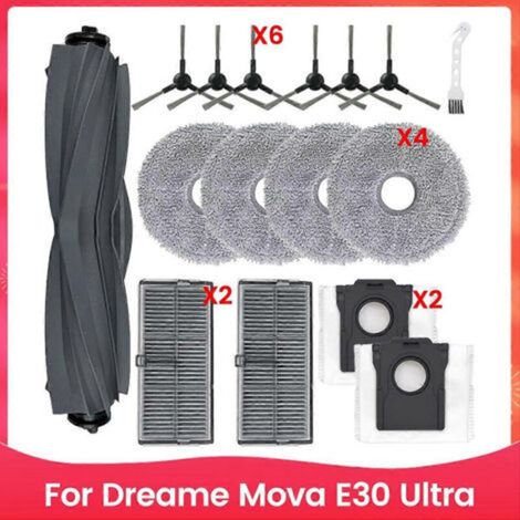 Repuestos para la aspiradora robot Dreame Mova E30 Ultra: cepillo lateral principal, filtro HEPA, mopa.