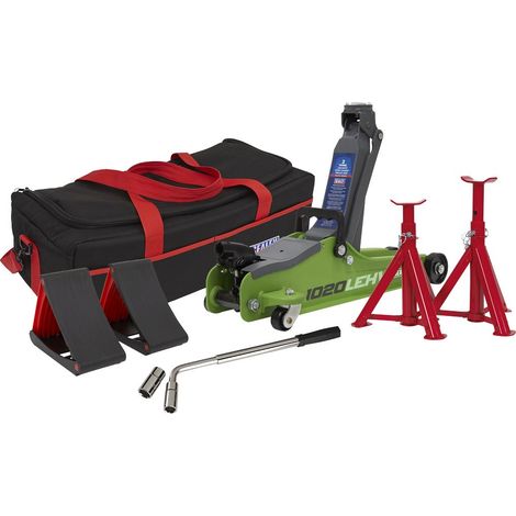 Sealey Low Entry Short Chassis Trolley Jack & Accessories Bag Combo, 2 Tonne - Green 1020LEHVBAGCOMBO