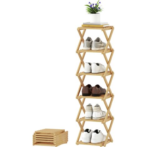 Bambou étagère à chaussures pliable 6 niveaux, rangement jusqu'à 9 paires, 30x29x108 cm, couleur naturelle (1/5)