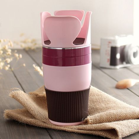 Porte-gobelet voiture rotatif 360° multifonction avec anneau silicone antidérapant pour tasses thé clés rose ABS 9x19 cm (1/4)