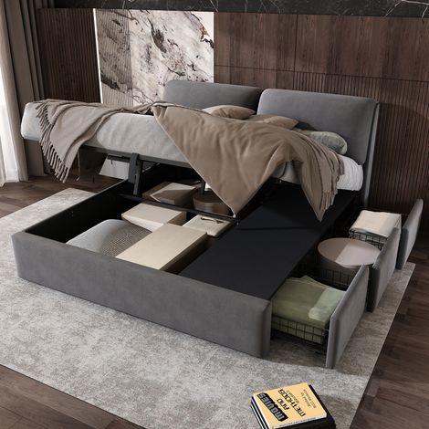 Cama con almacenaje de 180x200 cm con 3 cajones, cabecero ajustable, tapizada, para adultos, colchón no incluido, terciopelo, gris (1/5)
