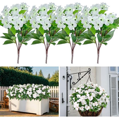 Quatre plantes d'impatiens blanches et artificielles, pour décoration de terrasses, pelouses, jardins, balcons, paniers suspendus et porches (40 cm) (1/5)