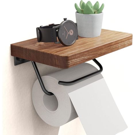 Lntyq Porte-papier hygiénique avec étagère pour salle de bain de ferme Porte-rouleau de papier toilette rustique Fixation murale Antirouille Réglable Facile à déchirer Noyer