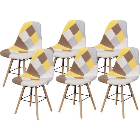 Hobag – Lot de 6 chaises scandinaves patchwork jaune – Pieds en bois – Largeur d'assise 46cm – Profondeur d'assise 39cm – Hauteur d'assise 45cm (1/3)