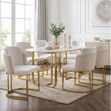 Set aus 6 Esszimmerstühlen, doppelte Rückenlehne, Chenille, beige und goldfarben (1/5)