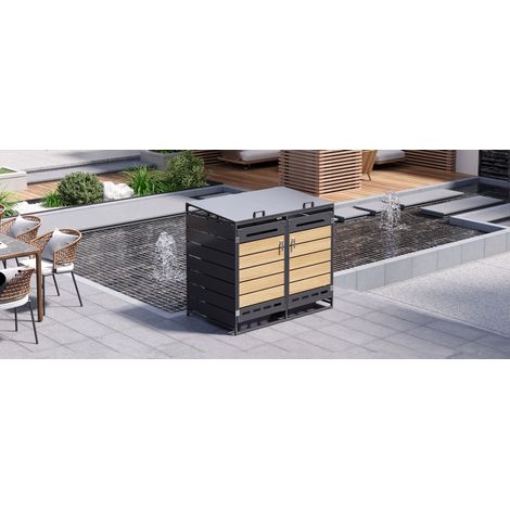 Coffre de rangement extérieur pour poubelles avec couvercle hydraulique, bardage bois horizontal, ventilation fendue, armoire de jardin en métal avec serrure (1/5)