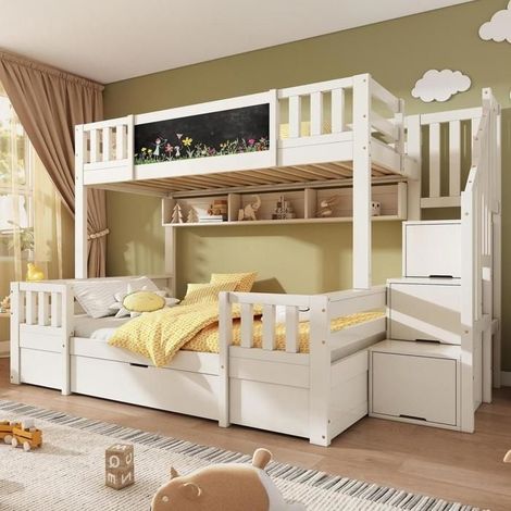 Lit superposé enfant - KOMHTOM - 90x140/200 évolutif - Bois massif - Escalier rangement - 3 places (1/5)