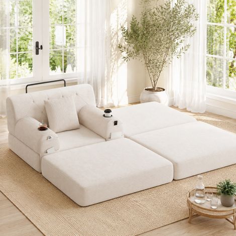 1-Sitzer Schlafsessel mit Hocker, Schlafsofa aus beige Cord, hohe Rückenlehne (1/5)