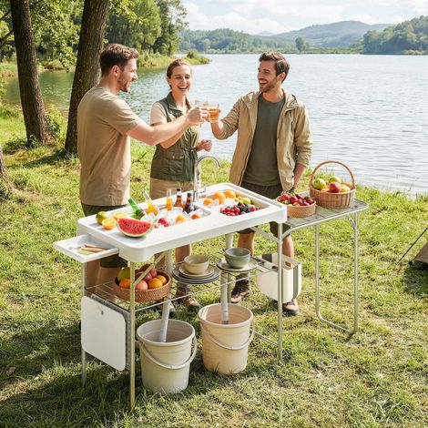 Blanches - Table portable pliante pour nettoyer les poissons doté de 2 éviers, tuyau de robinet, panier latéral et fentes
