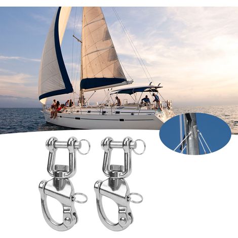 Deux manilles pivotantes à ressort de type fourche en acier inoxydable 316 de qualité marine, chacune de 128 mm de diamètre. (1/5)