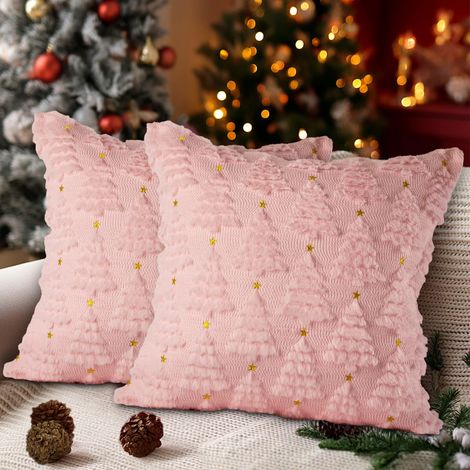 Lot de 2 Housses de Coussin Sapin de Noël Rose 45 × 45 cm, Fausse Fourrure Douce avec Étoiles, pour Chambre Canapé, sans Garnissage (1/5)