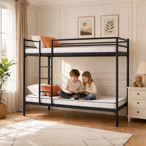 Pack Lit Superposé Métal Noir 90x190 cm + 2 Matelas 90x190x15 cm - Cadre 800kg + Mousse Confort (1/5)