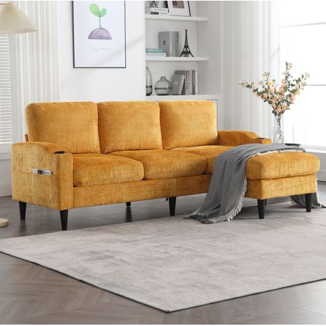 Canapé 4 places avec pouf rangement chenille jaune OKMYHOME (1/5)