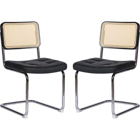 Chaises de salle à manger design mi-siècle, assises en velours rembourré et dossier en rotin tressé, pieds en acier chromé, lot de 4 (1/5)
