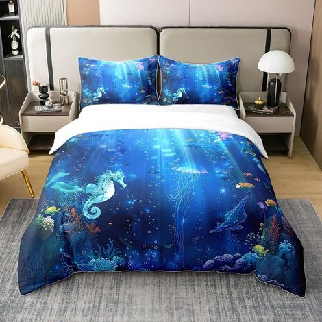 Hippocampe 100% Coton Sets de Housse de Couette Enfants Marine Animaux Parure de Lit 240x260cm Méduses Housse de Couette sous l'eau Animaux Organismes Marins Parure Housse de Couette - 260 x 240 cm +  (1/5)