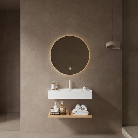 Lavabo suspendu 75 cm en résine blanc avec tablette effet bois naturel, trou robinet 35 mm (1/5)