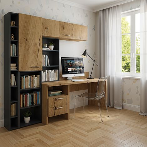 Angolo studio multifunzionale con libreria a profondità variabile e cassettiera integrata - Quercia e basalto