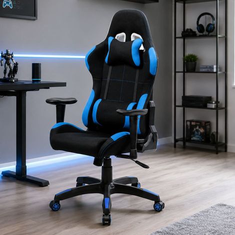 Dmora - Chaise de jeu Daren, Fauteuil de jeu pour adultes, Chaise de bureau, 57x72h124/134 cm, Noir et Bleu (1/4)