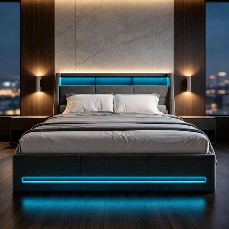 FOERPL-Lit Coffre 140 x 190 cm avec LED et USB, Cadre de Lit Capitonné 140x190 avec Rangement Hydraulique et Sommier, Tête de Lit Rembourrée avec Espace de Rangement Lit 2 Personnes (1/5)
