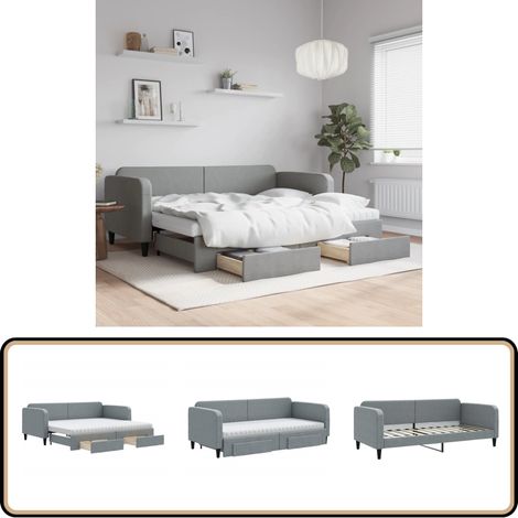 Lit de jour avec gigogne et tiroirs gris clair 90x200 cm tissu - Canapé Convertible - Lit Gigogne - Meuble Multifonctionnel - Lit Invité - Rangements Intégrés