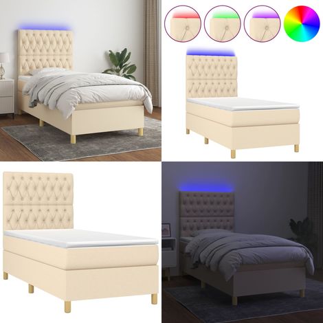 Cama box spring colchón y luces LED tela crema 90x200 cm - Cama con cabecero ajustable - Colchón con muelles ensacados