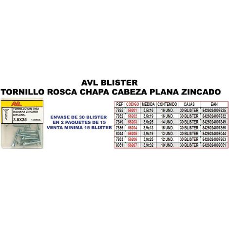 avl finstock blister tornillo rosca chapa 3,9x13 c-plana 7856 (caja 15 unidades)