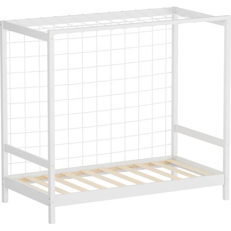 ML-Design Cama Infantil 80 x 160 cm en Forma de Portería de Fútbol Balonmano + Colchón 10cm Madera de Pino Blanca, Cuna Individual para Niño con Somier de Láminas y Red Litera Maciza Juvenil de Juego