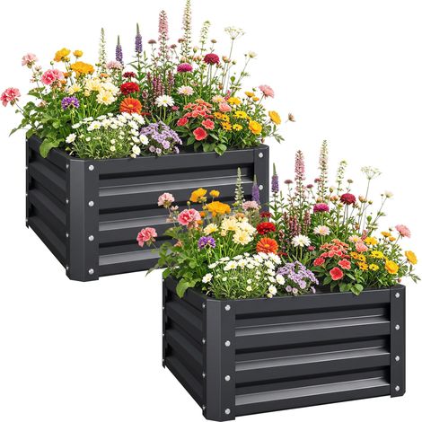 Lot de 2 jardinières surélevées, carre potager de jardin pour légumes, fleurs, acier galvanisé 60 x 60 x 30,5 cm, gris (1/5)