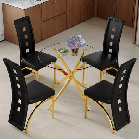 Ensemble table à manger ronde en verre trempé 88 cm et 4 chaises PU noires, métal, REDOM (1/5)