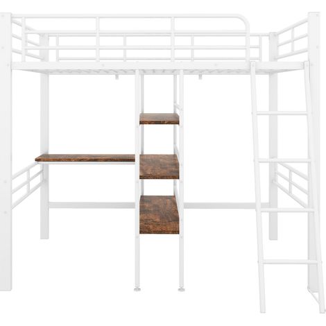 Cama alta 90 x 200 cm de metal blanco con escritorio, estantes, escalera y barandilla - HOMVRA (1/5)
