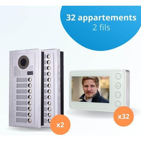 Portier interphone vidéo MODERN 2 Fils - 32 appartements - 32 écrans blancs